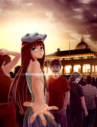 Rule 34 | 1girl, beckoning, blue eyes, blush, brown hair, denhijou niki, dress, evening, foreshortening, guy fawkes mask, hand in pocket, hand on head, highres, lens flare, long hair, mask, outstretched hand, sky, solo focus, v for vendetta