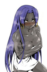 Rule 34 | 1girl, asashin (kazami-tomo), assassin (fate/zero), bad id, bad pixiv id, bare shoulders, blue hair, blush, breast hold, breasts, cleavage, colored skin, dark skin, dark-skinned female, earrings, fate/zero, fate (series), female assassin (fate/zero), grey skin, hoop earrings, jewelry, large breasts, long hair, muscular, naked towel, ponytail, solo, towel, yellow eyes