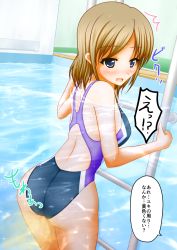 Rule 34 | 1girl, ass, blush, brown hair, from behind, highres, partially submerged, peeing, peeing underwater, pool, pullpull (ieee1394beta), solo, swimsuit, tagme, thighs, translated, water
