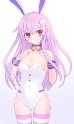 Rule 34 | 1girl, adapted costume, animal ears, breasts, choujigen game neptune mk2, cleavage, d-pad, d-pad hair ornament, detached collar, hair ornament, leotard, long hair, medium breasts, nepgear, neptune (series), playboy bunny, purple eyes, purple hair, rabbit ears, simple background, smile, solo, strapless, strapless leotard, striped clothes, striped thighhighs, suta (clusta), thigh gap, thighhighs, white background, wrist cuffs