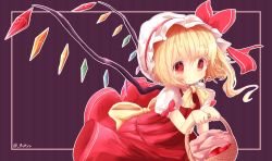Rule 34 | 1girl, akisha, apple, ascot, bad id, bad pixiv id, basket, blonde hair, bow, dress, flandre scarlet, food, fruit, hat, hat bow, highres, mob cap, puffy short sleeves, puffy sleeves, red dress, red eyes, sash, shirt, short sleeves, side ponytail, simple background, smile, solo, touhou, wings
