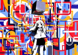 Rule 34 | 1girl, abstract, absurdres, antennae, black skirt, collared shirt, colorful, cowboy shot, cube, highres, jewelry, long hair, necklace, no nose, original, shirt, sizucomaru, skirt, solo, white shirt