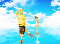 Rule 34 | 1boy, 1girl, barefoot, black hair, cloud, dress, eyewear on head, glasses, green hair, haramaki, hat, holding, holding clothes, holding hat, kigisu, one piece, open mouth, outstretched arms, pants, pants rolled up, reflection, roronoa zoro, smile, soaking feet, spread arms, tashigi, unworn hat, unworn headwear, wading, water