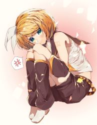 Rule 34 | 1girl, :t, belt, black legwear, black sailor collar, black shorts, black sleeves, blonde hair, bow, collared shirt, detached sleeves, full body, green eyes, hair bow, hair ornament, hairclip, hands on own knees, highres, kagamine rin, leg warmers, looking at viewer, manya sora, musical note, musical note print, sailor collar, sailor shirt, shirt, short hair, short shorts, shorts, sitting, sleeveless, sleeveless shirt, solo, swept bangs, tattoo, vocaloid, white background, white bow, white shirt