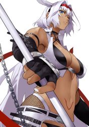 Rule 34 | 1girl, absurdres, animal ears, arm guards, bare shoulders, belt, bikini, black bikini, black gloves, blue eyes, body markings, breasts, caenis (fate), caenis (swimsuit rider) (fate), caenis (swimsuit rider) (second ascension) (fate), chain, cleavage, collarbone, cropped vest, dark-skinned female, dark skin, elbow gloves, fate/grand order, fate (series), fingerless gloves, gloves, goggles, hairband, harpoon, highres, large breasts, long hair, looking at viewer, navel, simple background, solo, swimsuit, very long hair, vest, white background, white hair, white vest, yoshio (55level)