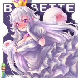 Rule 34 | 1boy, 1girl, blue overalls, blush, boo (mario), border, breasts, character name, cleavage, crown, dress, embarrassed, fang, frilled dress, frills, genderswap, genderswap (mtf), gloves, green headwear, green shirt, hair between eyes, hands on own face, king boo, large breasts, luigi, luigi&#039;s mansion, mario (series), new super mario bros. u deluxe, nintendo, overalls, pale skin, pointy ears, princess king boo, puffy short sleeves, puffy sleeves, purple eyes, shirt, short sleeves, super crown, user ujtr7523, wavy mouth, white border, white dress, white gloves, white hair