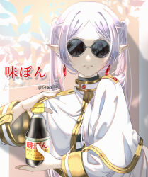 Rule 34 | 2girls, artist name, black shirt, bottle, camera, capelet, closed mouth, commentary request, datura 7357, earrings, elf, fern (sousou no frieren), frieren, gem, gold trim, highres, holding, holding bottle, jewelry, long hair, looking at viewer, multiple girls, parted bangs, pointy ears, red gemstone, reflective clothes, round eyewear, shirt, solo focus, sousou no frieren, soy sauce, soy sauce bottle, striped clothes, striped shirt, sunglasses, translation request, twintails, upper body, white capelet, white hair, white shirt