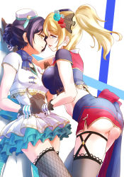 Rule 34 | 2girls, against wall, alternate costume, alternate hairstyle, ass, ayase eli, black gloves, blonde hair, blue bow, blue eyes, blue hair, blue scarf, blush, bow, breasts, couple, cowboy shot, dress, eye contact, female focus, fishnet legwear, fishnets, floating hair, frilled dress, frills, gloves, hair between eyes, hair bun, hair ornament, half-closed eyes, hat, holding hands, imminent kiss, interlocked fingers, kabedon, large breasts, leaning, leaning forward, legs, long hair, looking at another, looking at viewer, love live!, love live! school idol festival, love live! school idol project, medium breasts, midriff, multicolored clothes, multicolored shirt, multicolored skirt, multiple girls, open mouth, parted lips, pencil skirt, ponytail, scarf, shirt, short hair, short sleeves, side slit, simple background, single hair bun, skirt, sonoda umi, standing, thighhighs, urutsu sahari, white dress, white headwear, yellow eyes, yuri