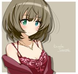 Rule 34 | 10s, 1girl, bad id, bad pixiv id, bare shoulders, blue eyes, blush, breasts, brown hair, character name, cleavage, collarbone, green eyes, green hair, grey background, heterochromia, idolmaster, idolmaster cinderella girls, jewelry, looking at viewer, matching hair/eyes, mole, mole under eye, necklace, short hair, silhouette, smile, solo, syno, takagaki kaede, upper body