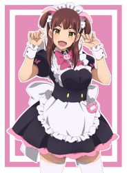 Rule 34 | 1girl, :d, absurdres, akiba maid sensou, animal ears, apron, black dress, bow, bowtie, brown hair, dress, emily0103, fake animal ears, highres, long hair, looking at viewer, maid, maid headdress, open mouth, pig ears, pink background, pink bow, pink bowtie, puffy short sleeves, puffy sleeves, short sleeves, simple background, smile, solo, standing, thighhighs, wahira nagomi, white thighhighs, wrist cuffs, yellow eyes