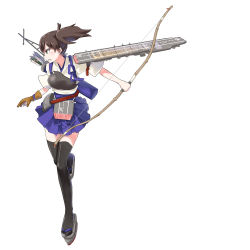 Rule 34 | 10s, 1girl, arrow (projectile), bow (weapon), brown eyes, brown hair, flight deck, gloves, hakama, hakama short skirt, hakama skirt, highres, japanese clothes, kaga (kancolle), kantai collection, muneate, open mouth, partially fingerless gloves, partly fingerless gloves, side ponytail, single glove, skirt, solo, sugue 304, tasuki, thighhighs, weapon, yugake