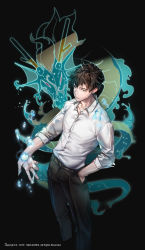 Rule 34 | 1boy, black pants, brown hair, closed mouth, collarbone, dragon, dress shirt, eastern dragon, english text, han daewi, hand in pocket, hero cantare, highres, light smile, looking at viewer, official art, pants, shirt, short hair, sleeves rolled up, standing, the god of high school, white shirt, yagaaaa