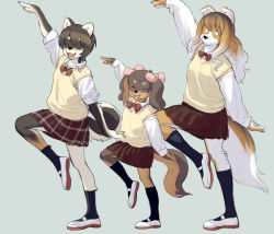 Rule 34 | 3girls, animal ears, black hair, blue background, bow, bowtie, brown hair, brown skirt, dog ears, dog tail, female focus, furry, furry female, height difference, kikurage (crayon arts), multiple girls, original, pleated skirt, shoes, skirt, socks, standing, standing on one leg, tail