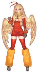 Rule 34 | 1girl, bad id, bad twitter id, bandages, bandaged hand, bandages, blaziken, blonde hair, breasts, cleavage, covered mouth, creatures (company), detached sleeves, dress, female focus, full body, fur trim, game freak, gen 3 pokemon, head wings, highres, katagiri hachigou, leg warmers, long hair, medium breasts, nintendo, personification, pokemon, red dress, ribbed dress, scarf, short dress, skindentation, solo, standing, thighhighs, vest, wings, yellow eyes, zettai ryouiki