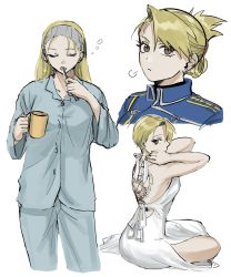 Rule 34 | 1girl, amestris military uniform, back tattoo, backless dress, backless outfit, blonde hair, breasts, brown eyes, brushing teeth, commentary request, dress, folded ponytail, fullmetal alchemist, highres, holding, ozaki (tsukiko3), pajamas, riza hawkeye, short hair, simple background, tattoo, toothbrush, uniform, white dress