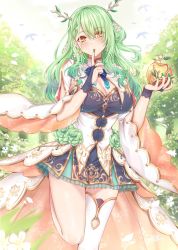 Rule 34 | 1girl, absurdres, antlers, blush, braid, braided bangs, breasts, ceres fauna, dress, earrings, flower, food, fruit, gloves, green eyes, green nails, gu li, hair flower, hair ornament, highres, holding, holding food, holding fruit, hololive, hololive english, horns, jewelry, large breasts, long hair, looking at viewer, nail polish, outdoors, parted lips, single braid, single thighhigh, solo, thighhighs, thighs, virtual youtuber, white thighhighs, yellow eyes
