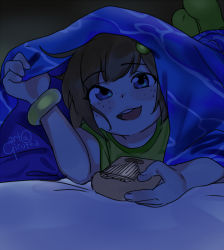 Rule 34 | 1girl, arm up, bed, bed sheet, black background, blanket, blue eyes, blush, brown hair, child, fingernails, freckles, girutea, green footwear, green hair ornament, hand up, indie virtual youtuber, kalimba, lily hopkins, looking at viewer, simple background, socks, source request, tagme, under covers, virtual youtuber, bed sheet, wristband