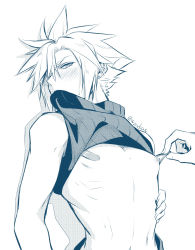 Rule 34 | 1boy, asymmetrical hair, bandaid, bandaids on nipples, bare arms, blush, clothes in mouth, clothes lift, cloud strife, disembodied hand, earrings, final fantasy, final fantasy vii, final fantasy vii remake, greyscale, hair between eyes, hair over one eye, highres, jewelry, looking to the side, male focus, monochrome, mouth hold, nipples, parted bangs, pasties, pectorals, pinching, rukashio, shirt in mouth, shirt lift, short hair, single earring, sleeveless, sleeveless turtleneck, spiked hair, sweat, sweatdrop, turtleneck, tweezers, upper body, white background