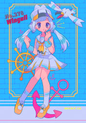 Rule 34 | 1girl, absurdres, anchor, bird, blue eyes, bow, brick wall, buttons, character name, creature and personification, creatures (company), dated, double-breasted, full body, game freak, gen 3 pokemon, hair bow, hat, highres, long hair, looking at viewer, narumame, neckerchief, nintendo, open mouth, pastel colors, personification, pinky out, pokedex number, pokemon, pokemon (creature), sailor collar, shoes, silver hair, skirt, sleeveless, standing, steering wheel, wingull, yellow footwear, yellow neckerchief