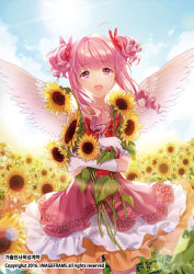 Rule 34 | 1girl, :o, angel, blue sky, copyright request, dated, day, dress, flower, gloves, hair ribbon, heart, holding, holding flower, ice (ice aptx), long hair, looking at viewer, official art, outdoors, pink dress, pink hair, red ribbon, ribbon, sky, solo, standing, sunflower, watermark, white gloves, wings