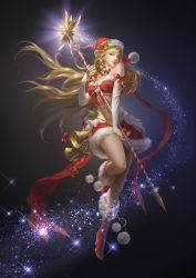 Rule 34 | 1girl, bare legs, bare shoulders, bell, blonde hair, blue eyes, boots, bow, bridal gauntlets, christmas, elbow gloves, floating hair, flower, fur-trimmed boots, fur boots, fur trim, gloves, hat, hat flower, high heel boots, high heels, highres, league of angels, lips, long hair, looking at viewer, navel, pom pom (clothes), realistic, red footwear, rike lee, santa boots, santa costume, santa hat, skirt, smile, solo, sparkle, staff