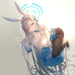 Rule 34 | 1girl, absurdres, animal ears, ass, asuna (blue archive), asuna (bunny) (blue archive), blue archive, blue bow, blue bowtie, blue eyes, blue leotard, blush, bow, bowtie, breasts, cleavage, collarbone, commentary request, detached collar, fake animal ears, full body, gloves, grin, hairband, halo, high heels, highres, holding, large breasts, leotard, long hair, looking at viewer, mole, mole on breast, parted lips, playboy bunny, rabbit ears, smile, solo, teeth, tel-o, thighs, very long hair, white footwear, white gloves, white hairband
