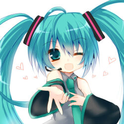 Rule 34 | 1girl, ahoge, ayabisu, blue eyes, blush, collared shirt, detached sleeves, hair ornament, hand on own chest, hatsune miku, headset, heart, long hair, long sleeves, looking at viewer, nail polish, necktie, one eye closed, shirt, sleeveless, sleeveless shirt, smile, solo, twintails, upper body, vocaloid