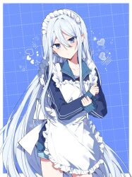 Rule 34 | 1girl, apron, blue background, blue jacket, blue shorts, buchu14569590, closed mouth, collarbone, hair between eyes, heart, highres, jacket, jersey maid, long hair, long sleeves, looking at viewer, maid, maid apron, maid headdress, project sekai, shorts, sidelocks, solo, split mouth, track jacket, unconventional maid, very long hair, white apron, white hair, yoisaki kanade