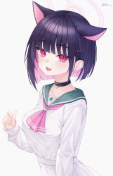 Rule 34 | 1girl, absurdres, animal ears, black choker, black hair, blue archive, blush, breasts, cat choker, cat ears, choker, collarbone, colored inner hair, commentary, extra ears, fang, green sailor collar, hair behind ear, hair ornament, hairclip, hand up, highres, kazusa (blue archive), large breasts, long sleeves, looking at viewer, medium hair, multicolored hair, neckerchief, open mouth, pink eyes, pink hair, pink neckerchief, sailor collar, school uniform, serafuku, signature, simple background, skin fang, skirt, sleeves past wrists, smile, solo, symbol-only commentary, two-tone hair, vini (frisco), white background, white serafuku, white skirt