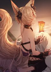Rule 34 | animal ears, backless outfit, choker, erune, feb itk, fingerless gloves, fox boy, fox ears, fox tail, futon, gloves, granblue fantasy, hair ornament, hair over one eye, highres, kou (granblue fantasy), large tail, looking at viewer, male focus, nail polish, off shoulder, side-tie legwear, sideless outfit, tail