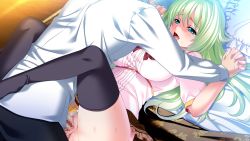 Rule 34 | 1boy, 1girl, bed, bishop (company), blue eyes, blush, censored, clothed sex, game cg, green hair, holding hands, happy sex, hetero, kamei, kanami, long hair, lying, missionary, mizushima oonari, mosaic censoring, on back, penis, sex, silicon magic, skirt, theta (silicon magic), thighhighs, vaginal