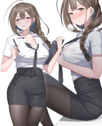 Rule 34 | 1girl, black necktie, black pantyhose, black skirt, braid, breasts, brown eyes, brown hair, closed mouth, collared shirt, commentary request, highres, holding, idolmaster, idolmaster shiny colors, kuwayama chiyuki, large breasts, long hair, looking at viewer, necktie, office lady, pantyhose, parted lips, shirt, shirt tucked in, short sleeves, shougun (chuckni1), sitting, skirt, smile, thighs, white background, white shirt