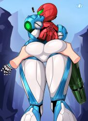 Rule 34 | !, 1girl, arm cannon, armor, ass, ass grab, disembodied hands, disembodied limb, feet out of frame, from behind, helmet, highres, loodncrood, looking at viewer, looking back, metroid, metroid dread, nintendo, power armor, power suit, samus aran, science fiction, standing, thigh gap, thighs, weapon