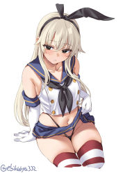 Rule 34 | 1girl, black hairband, black neckerchief, black panties, blonde hair, breasts, clothes lift, cowboy shot, crop top, ebifurya, elbow gloves, female focus, gloves, grey eyes, hairband, highleg, highleg panties, highres, kantai collection, long hair, looking at viewer, miniskirt, navel, neckerchief, panties, sailor collar, school uniform, serafuku, shimakaze (kancolle), simple background, sitting, skirt, skirt lift, small breasts, solo, stomach, striped clothes, striped thighhighs, thighhighs, thighs, thong, twitter username, underwear, white background, white gloves