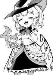 Rule 34 | 1girl, alternate costume, blush, closed eyes, facing viewer, fangs, flandre scarlet, greyscale, harp, highres, holding, holding instrument, instrument, long sleeves, monochrome, music, oninamako, open mouth, playing instrument, short ponytail, side ponytail, smile, solo, teeth, touhou, upper teeth only, wings