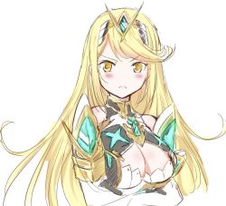 Rule 34 | 1girl, armor, blonde hair, blush, breast hold, breasts, highres, large breasts, long hair, looking at viewer, mythra (xenoblade), nintendo, simple background, solo, tsundere, v-shaped eyebrows, white background, xenoblade chronicles (series), xenoblade chronicles 2, xenoblade chronicles (series), xenoblade chronicles 2, yellow eyes, zero-theme