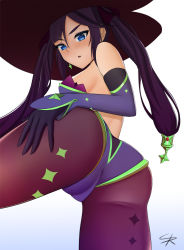 Rule 34 | 1girl, annoyed, ass, bare shoulders, blue eyes, blush, breasts, cameltoe, from behind, from below, genshin impact, gloves, hair ornament, hair ribbon, hat, highres, huge ass, leotard, long hair, looking at viewer, looking down, mona (genshin impact), pantyhose, parted lips, purple hair, ribbon, sairok, sideboob, solo, twintails, very long hair