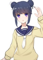 Rule 34 | 1girl, alternate hairstyle, blue hair, blue sailor collar, commentary request, double bun, hair bun, highres, ise dango, long sleeves, neckerchief, open mouth, playing with own hair, purple eyes, sailor collar, school uniform, shima rin, sidelocks, simple background, solo, sweater, translation request, white background, white neckerchief, yurucamp