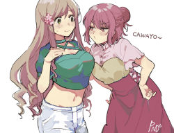 Rule 34 | 2girls, axis powers hetalia, braid, breasts, brown hair, cleavage, cross-laced clothes, cross-laced slit, cross-laced top, czech republic (hetalia), dkdmis, dress, eye contact, flower, green eyes, green skirt, hair bun, hair flower, hair ornament, hand on own chest, hands on own hips, hungary (hetalia), large breasts, leaning forward, light brown hair, looking at another, multiple girls, official alternate costume, pants, pout, pouty lips, puffy sleeves, purple eyes, short sleeves, single hair bun, skirt, tank top, v-shaped eyebrows, wavy hair, white pants