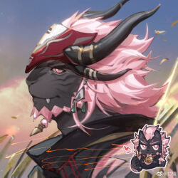 Rule 34 | 1boy, bara, beard, black horns, cat boy, chibi, chibi inset, earrings, facial hair, final fantasy, final fantasy xiv, from side, furry, furry male, gradient sky, grey fur, highres, horns, hrothgar, jewelry, kuyao, looking at viewer, male focus, mature male, medium hair, multiple horns, pink eyes, pink hair, portrait, profile, seductive smile, sideways glance, sky, smile, solo, warrior of light (ff14), wind
