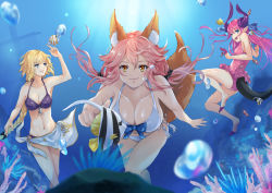 Rule 34 | 10s, 3girls, animal ears, bikini, blonde hair, blue eyes, braid, breasts, cleavage, clownfish, elizabeth bathory (fate), elizabeth bathory (fate/extra ccc), elizabeth bathory (fate/grand order), fate/apocrypha, fate/extra, fate/extra ccc, fate/grand order, fate (series), fish, fox ears, fox tail, horns, in water, jeanne d&#039;arc (fate), jeanne d&#039;arc (ruler) (fate), large breasts, long hair, looking at viewer, midriff, multiple girls, nakaga eri, navel, ocean, official alternate costume, open mouth, pink hair, pointy ears, sarong, single braid, smile, surgeonfish, swimsuit, tail, tamamo no mae (fate/extra), tamamo no mae (sexy bikini) (fate), tropical fish, yellow eyes