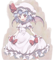 Rule 34 | 1girl, :d, arm garter, blush, bow, fang, female focus, frills, hat, mob cap, moriki takeshi, open mouth, puffy short sleeves, puffy sleeves, red bow, red eyes, remilia scarlet, short hair, short sleeves, silver hair, skirt hold, smile, solo, tooth, touhou, vampire