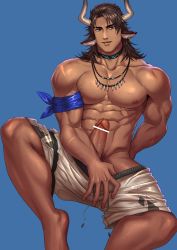 Rule 34 | 1boy, abs, absurdres, animal ears, arknights, bandana, bar censor, bara, bare pectorals, brown hair, censored, clothes pull, collar, cow boy, cow ears, cow horns, dark-skinned male, dark skin, earrings, erection, facial hair, foot out of frame, godongyudidi, highres, horns, jewelry, large pectorals, male focus, male swimwear, male swimwear pull, matterhorn (arknights), matterhorn (beach guard) (arknights), medium hair, muscular, muscular male, navel, necklace, nipples, official alternate costume, pectorals, penis, pulling own clothes, solo, stomach, stubble, swim trunks, swim trunks pull, swimsuit, tooth necklace, undressing, veins, veiny penis, white male swimwear, white swim trunks