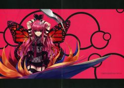 Rule 34 | 00s, 1girl, 2009, absurdres, arms up, beatmania, beatmania iidx, bemani, black gloves, blush, butterfly wings, doll joints, dress, frills, garter straps, gloves, highres, insect wings, joints, konami, long hair, looking at viewer, misaki kurehito, necktie, pink hair, purple eyes, ribbon, scan, sleeveless, solo, string, striped, thighhighs, tiara, torn clothes, torn thighhighs, umegiri ameto, uniform, wings