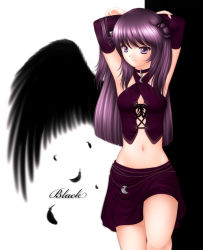 Rule 34 | 1girl, angel, angel wings, black theme, black wings, elbow gloves, gloves, high contrast, hitana, navel, purple eyes, purple hair, solo, wings