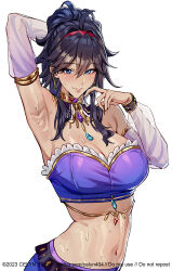 Rule 34 | 1girl, arm up, armpits, bandeau, bare shoulders, black hair, blue eyes, breasts, celyn404, character request, cleavage, commentary, commission, copyright notice, copyright request, detached sleeves, hairband, highres, jewelry, large breasts, long hair, long sleeves, looking at viewer, midriff, navel, neck ring, red hairband, smile, solo, stomach, strapless, sweat, tube top, upper body