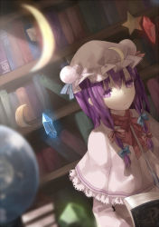 Rule 34 | 1girl, bad id, bad pixiv id, book, bow, capelet, crescent, crystal, female focus, hair bow, hat, library, long hair, patchouli knowledge, purple eyes, purple hair, red medicine, solo, star (symbol), touhou, voile