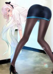 Rule 34 | 1girl, absurdres, ass, black bow, black skirt, blue eyes, bow, braid, breasts, collared shirt, dress, dress shirt, fate/grand order, fate (series), french braid, full body, grey hair, hair bow, high heels, highres, kneepits, large breasts, long hair, long sleeves, looking at viewer, morgan le fay (chaldea satellite station) (fate), morgan le fay (fate), office lady, open mouth, panties, pantyhose, pencil skirt, ponytail, shirt, sidelocks, skirt, socks, solo, underwear, very long hair, white shirt, yayanri