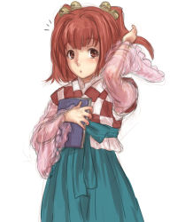 Rule 34 | 1girl, adjusting hair, apron, bell, blue hakama, blush, book, checkered clothes, checkered kimono, hair bell, hair ornament, hakama, hakama skirt, highres, japanese clothes, kimono, kuro suto sukii, looking at viewer, motoori kosuzu, open mouth, red eyes, red hair, short hair, simple background, skirt, solo, touhou, twintails, two side up, white background, wide sleeves
