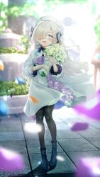 Rule 34 | 1girl, ascot, backlighting, beret, black footwear, black pantyhose, blue eyes, blue hair, blush, boots, bouquet, collared dress, dress, flower, fountain, full body, grey hair, hair flower, hair ornament, hair over one eye, hat, highres, holding, holding bouquet, isekai joucho, kamitsubaki studio, long hair, looking at viewer, multicolored hair, open mouth, pantyhose, petals, rocky0206, smile, solo, two-tone hair, virtual youtuber, white dress, white hat